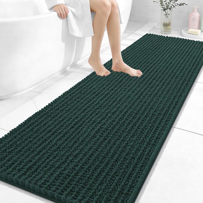 OLANLY Long Bathroom Rugs Runner 70x24, Thick Soft and Absorbent Chenille Bath Mat, Non-Slip, Machine Washable Quick Dry Bath Rugs for Tub Shower Floor, Home Decor Accessories, Blackish Green