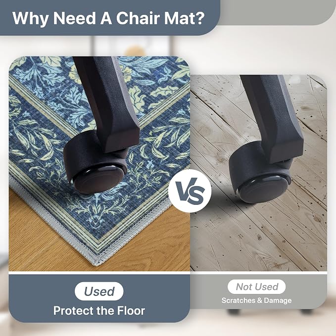48"x72" Office Chair Mat for Hardwood Tile Floor, Under Desk Carpet Protector for Rolling Computer Chair Mat, Machine Washable Area Rug, Anti-Slip 1/5" Thick Low Pile Thin Vinyl Floor Mat, Dark Blue