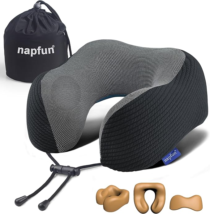 napfun Neck Pillow for Traveling, Upgraded Travel Neck Pillow for Airplane 100% Pure Memory Foam Travel Pillow for Flight Headrest Sleep, Portable Plane Accessories, Charcoal Black