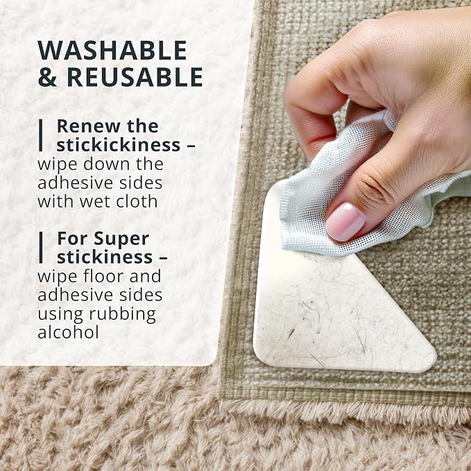 X-Protector Rug Tape - 12 Pcs Set - White Anti-Slip & Anti-Curling Carpet Tape for Hard Floors - Premium Rug Pad Gripper - Carpet Corner Grippers to Keep Your Carpet in Place & Make Corners Flat