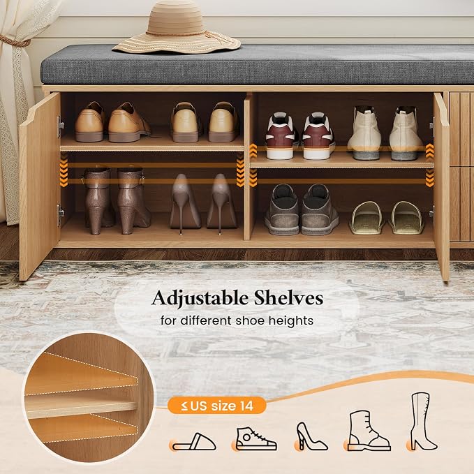 59" Storage Bench with Drawer, 2-Tier Shoe Bench with Doors, Long Entryway Bench, Thickened Cushion, Adjustable Shelf, Fluted Design for Entryway, Bedroom, Living Room, Natural
