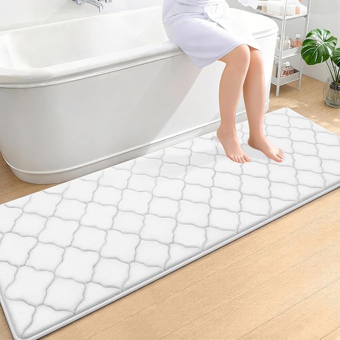 OLANLY Memory Foam Bath Mat Rug 70x24, Ultra Soft and Absorbent Bathroom Rugs, Non-Slip, Comfortable, Machine Washable Bath Carpet for Bathroom Floor, Tub, Shower and Home Decor Accessories, White