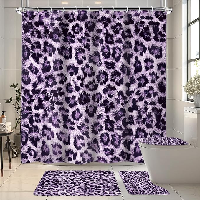4 PCS Black Purple Leopard Shower Curtain Set 72Wx72H,Toilet Lid Cover,Non-Slip Rugs and U-Shaped Mat,Wild Cheetah Bathroom Sets with Rugs Shower Accessories 12 Hooks for Bathroom Decor