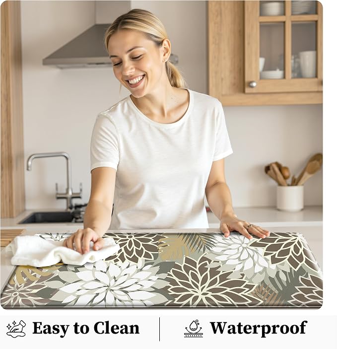 Arenarug Kitchen Mats for Floor 2PCS Cushioned Anti Fatigue Waterproof Non Slip Kitchen Mat Rug Set Comfort Foam Standing Mat for Sink, Laundry, Office,17.3" x 28" + 17.3" x 59", Brown White