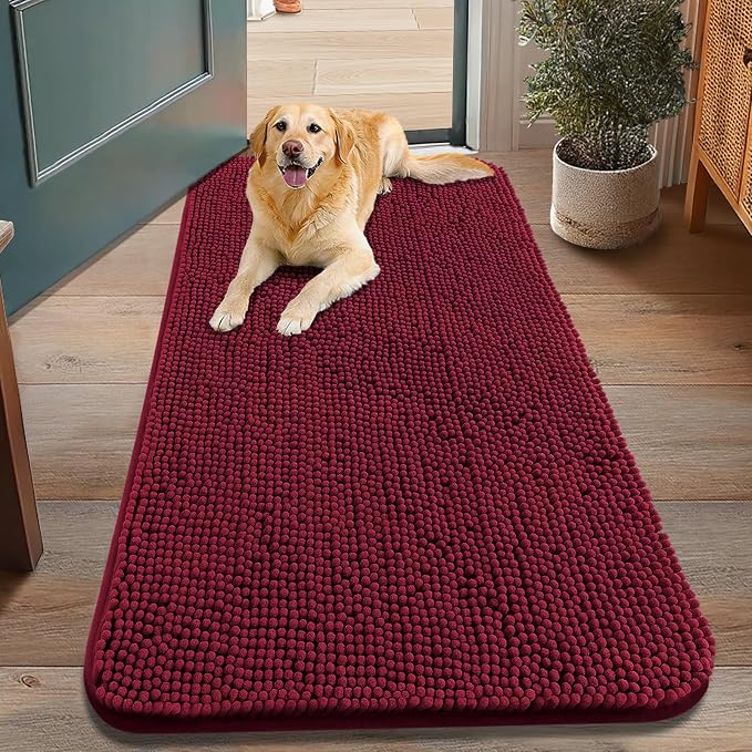 Smiry Dog Door Mat for Muddy Paws 48x30, Absorbent Dirt Trapper, Non-Slip Washable Chenille Entryway Rug for Inside Floor, Burgundy, Classic Solid