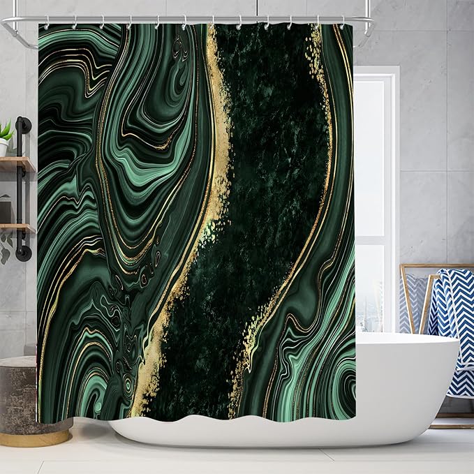 Nkzply 4 Pcs Green Marble Shower Curtain Sets with Rugs Gold Bathroom Sets with Shower Curtain and Rugs Modern Abstract Bathroom Decor Accessories Shower Curtains for Bathroom Toilet Lid Cover