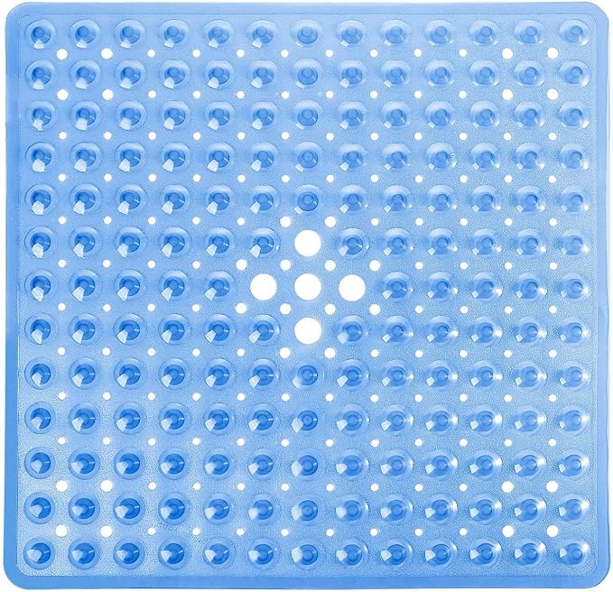 Yimobra Shower Stall Mat Non Slip, 21X21 Inch, Soft Square Bath Mat for Shower with Suction Cups and Drain Holes, Stall Floor Mats for Bathroom, Machine Washable, Bathroom Accessories, Clear Blue