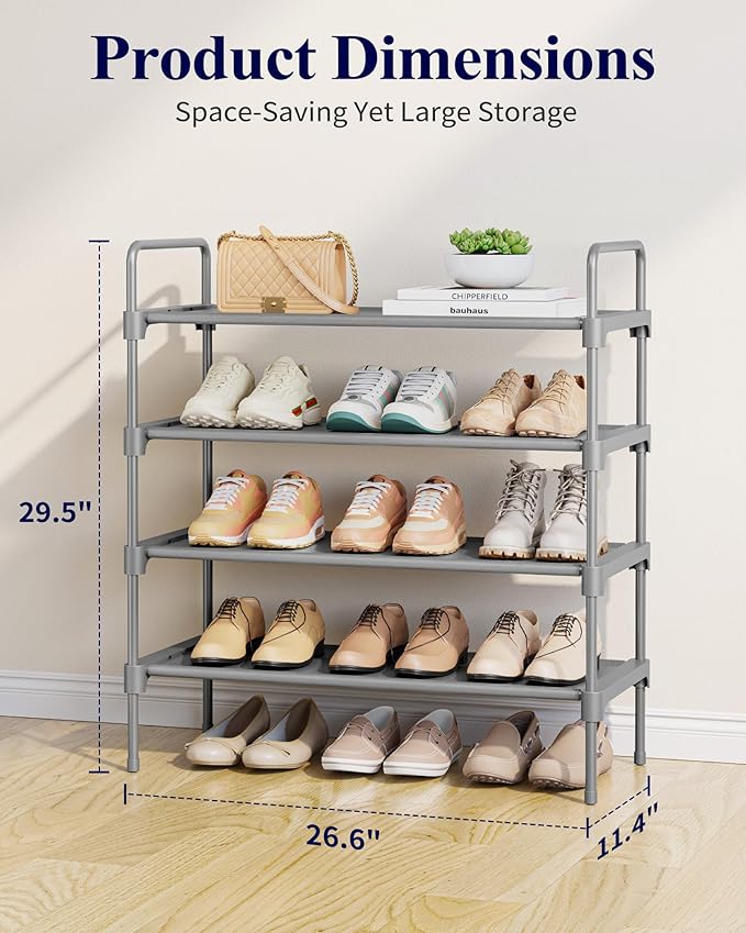 Kitsure Shoe Rack for Closet, Shoe Organizer for Front Door Entrance, Stackable Shoe Shelf, Detachable Closet Organizers and Storage, 26.6" Wide - 4 Tiers, Grey