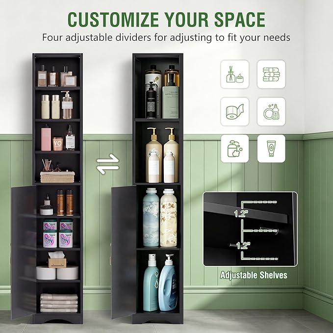 VECELO 71" Tall Narrow Storage Cabinet, Bathroom Storage Slim Freestanding Cabinet with Door & 6 Adjustable Shelves, Anti-Tip Design for Small Space, Kitchen, Living Room, Black