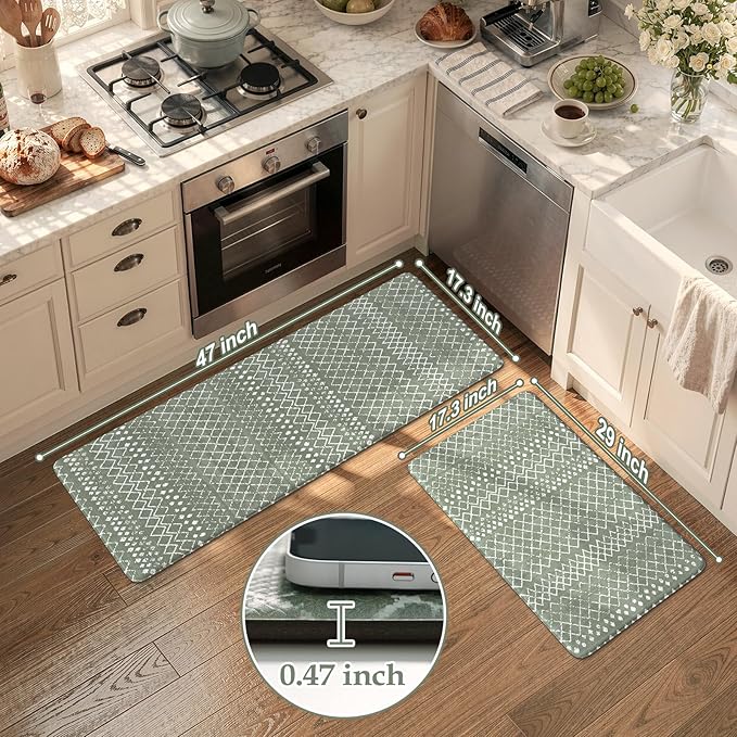 KIMODE Kitchen Mats for Floor Anti Fatigue Green Boho Kitchen Rugs Sets of 2 Cushioned Kitchen Floor Mats Comfort Standing Mat Geometric Laundry Room Rug for Bathroom Sink Office Desk 17"x47"+17"x29"