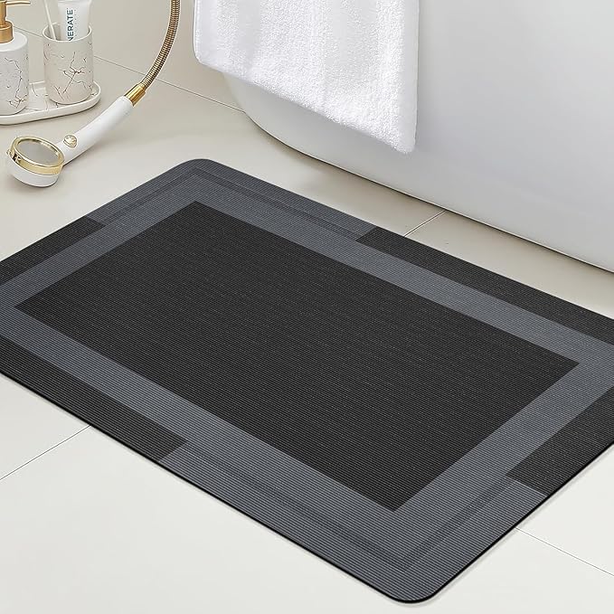ACCUMTEK Non Slip Bath Mat, Thin Bathroom Rugs Fit Under Door, Quick Dry Bath Mats, Machine Washable Bath Rugs for Bathroom, Bathtub & Kitchen, Bathtub, Black/Bordered/32 x20