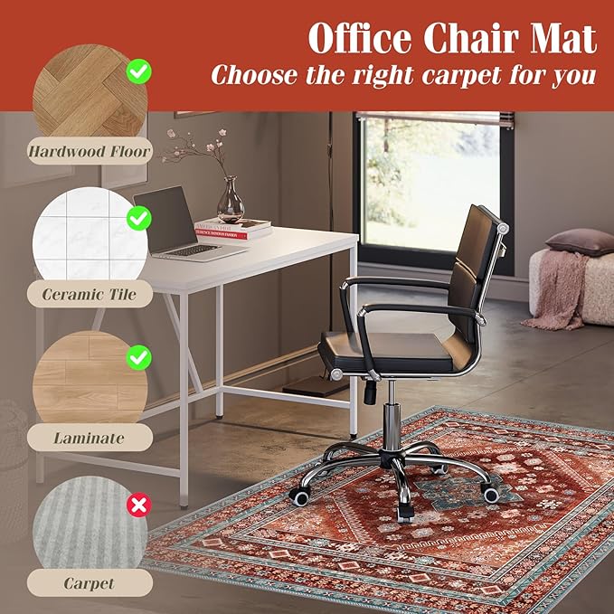 Office Chair Mat for Hardwood Floor & Tile Floor,36"X 48" Heavy Duty Desk Chair Mat for Hard Floors, Under Desk Rug for Rolling Computer Chair,Anti Slip,Low Pile Carpet Floor Protector-Brown Red