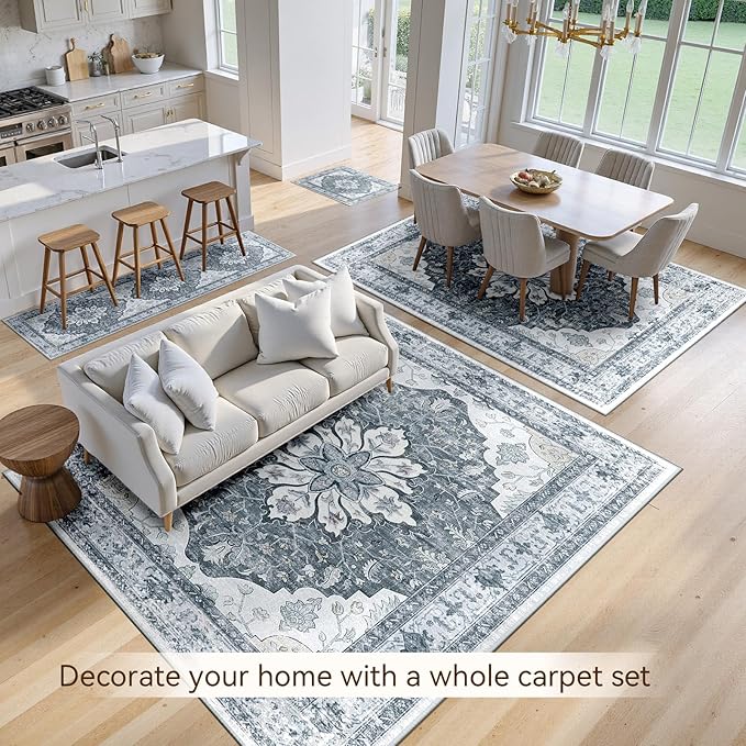 RELEANY Area Rugs 6'x8' Washable Non-Slip, Floral Vintage Distress Medallion Carpet for Living Room Bedroom Dining Room, Light Gray Grey White