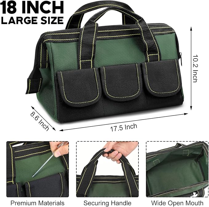 Sanwuta 3 Pack Tool Bag for Men with Waterproof Hard Bottom, Heavy Duty Tool Bag Wide Mouth Tote for Various Instrument, Electrician Carpenter Mechanic(Red, Army Green, Blue,18 Inch,Classic)