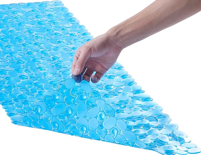 Webos Bath Shower Mat Non Slip: Extra Large Pebble Bathtub mat for Families, Anti Slip Shower Matt with Drain Holes Suction Cups Tub Mat - 16 X 40 Inch Clear Blue