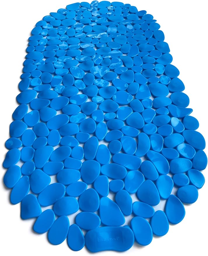 “Pebbles” Non-Slip Bathtub & Shower Mat 27”x14” Oval - Non-Toxic - Safe, Clean, Machine-Washable, Superior Grip & Drainage, Vinyl, for Smooth Floors ONLY, Opaque Light Blue