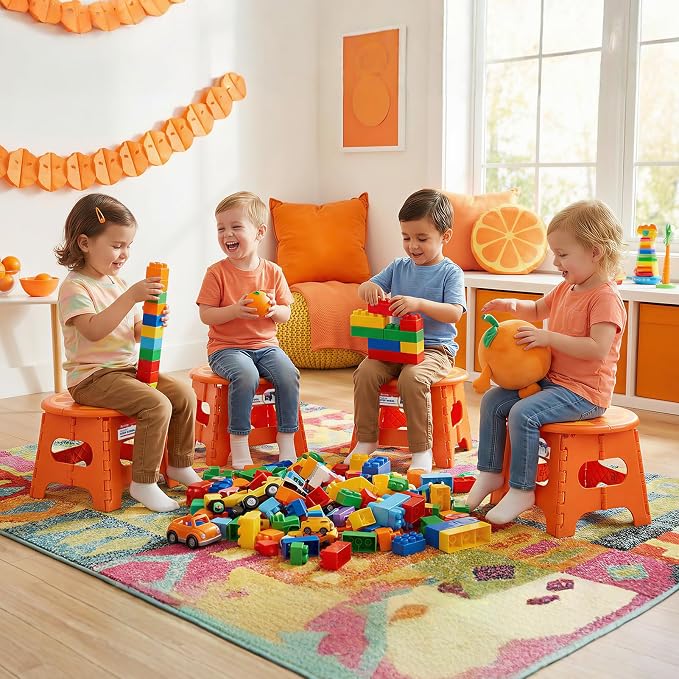 ACSTEP Folding Step Stool 9 Inch, Sturdy Collapsible Step Stool Foldable Up to 265 lbs for Kids Toddlers & Adults, Non Slip Foot Stools with Handle for Kitchen, Bathroom, Bedroom, Outdoor, Orange