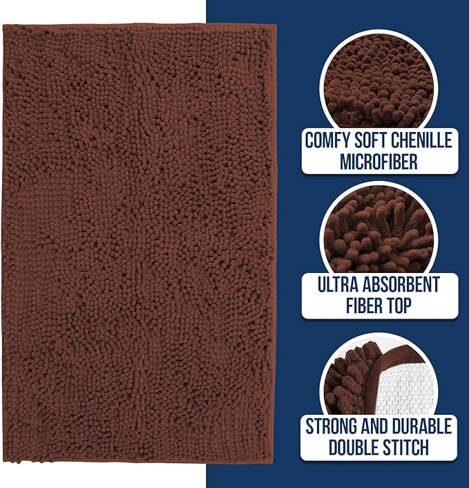 Muddy Mat® | Chenille Bathroom Rugs Quick Dry Microfiber Mats Non Slip Washable, Extra Thick, Soft and Highly Absorbent Bath Mats for Bathroom, Kitchen, and Shower Floor - Brown 24"x35"