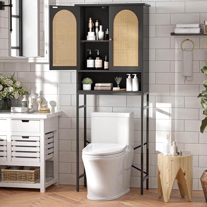 FiveWillowise Rattan Toilet Storage Cabinet, Over The Rack Wood Cabinet with Metal Stand, Bathroom Organizer with Adjustable Shelf, Tall Freestanding Washer Shelf, Small Cupboard, Black