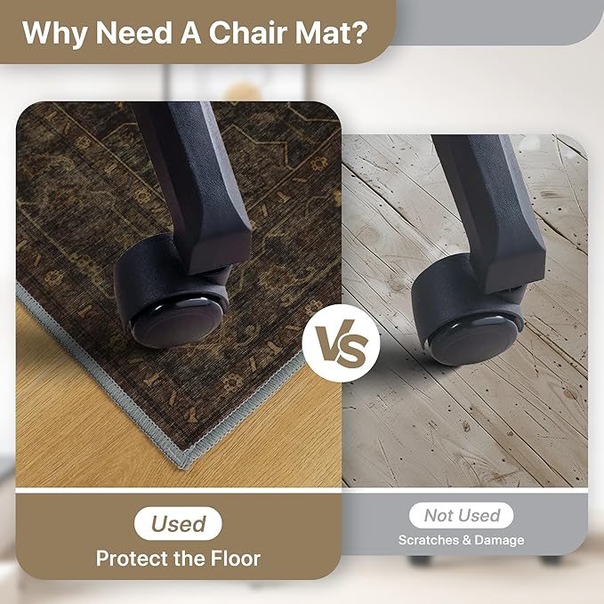 48"x60" Office Chair Mat for Hardwood Tile Floor, Under Desk Carpet Protector for Rolling Computer Chair Mat, Machine Washable Area Rug, Anti-Slip 1/5" Thick Low Pile Thin Vinyl Floor Mat, Brown