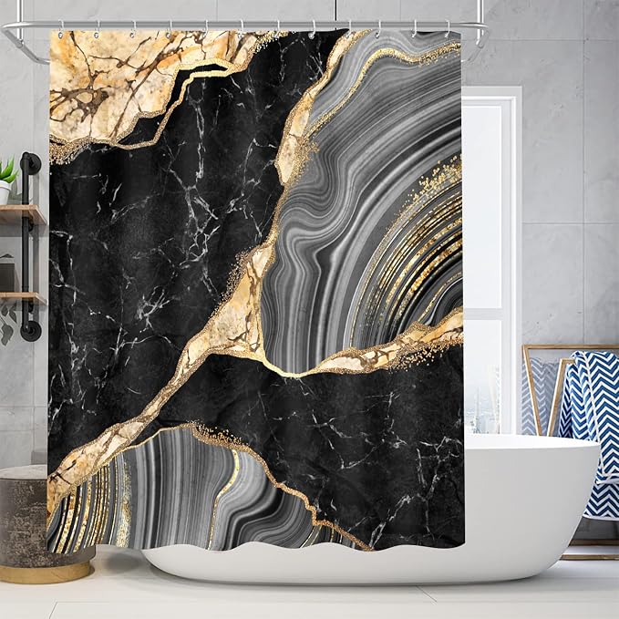 Nkzply 4 Pcs Black Marble Shower Curtain Gold Bathroom Sets with Shower Curtain and Rugs Modern Abstract Grey Shower Curtain Set Bathroom Rug Set Bathroom Decor Accessories with Hooks Toilet Lid Cover