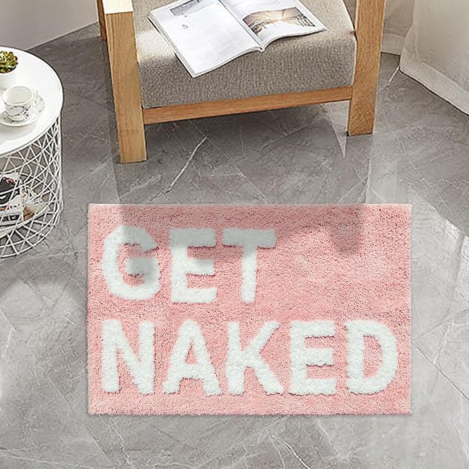 Get Naked Bath Mat, Cute Bedroom Rugs, Funny Pink Living Room Mat for Apartment Decor, Soft & Absorbent Plush Non-Slip Bottom Multi-Purpose Door Mat Home Carpets 31.5" x 20"