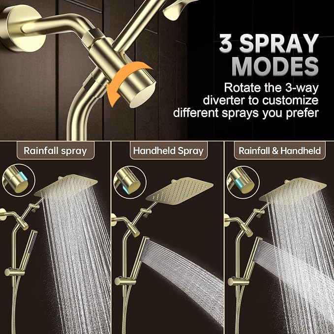 Veken All Metal 10" Shower Head with Handheld, Luxurious Square Double Rain Shower Heads with Spray Combo, Dual High Pressure Detachable Rainfall Showerhead with Extension Arm, Long Hose,Brushed Gold