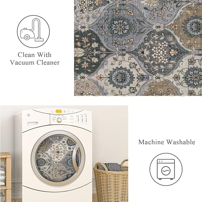 Lahome Moroccan Kitchen Runner Rug, 2'5''x8' Ultra-Thin Soft Washable Runner Oriental Non-Slip Hallway Rug Indoor Throw Carpet for Entryway Bedroom Laundry Room Foyer Elise, Grey
