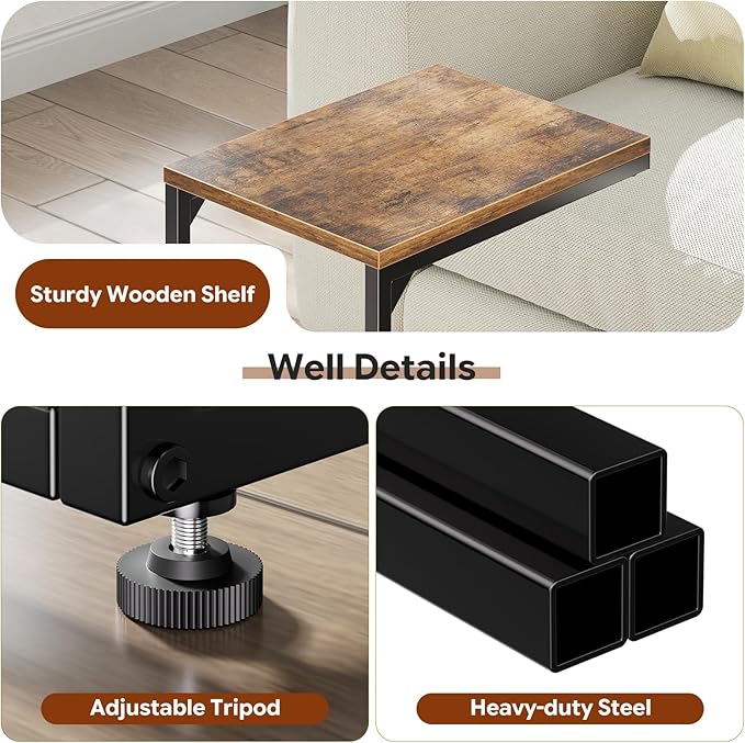 Simple Trending C Shaped End Table, TV Tray for Couch, Small Side Table with Metal Frame, for Living Room Bedroom, Rustic Brown