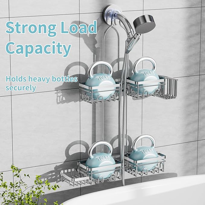 KEGII Shower Caddy Hanging for Handheld Showerheads, Rustproof Hanging Shower Organizer with Soap Dish, Toothbrush Holder and Hooks, Over Showerhead Caddy for Bathroom, Silver