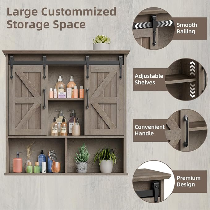 Vabches Bathroom Wall Cabinet, Farmhouse Wooden Medicine Cabinet with Double Sliding Barn Door and Adjustable Shelves, Farmhouse Storage Cabinet Wall Mounted for Bathroom, Kitchen Dining, Washed Oak