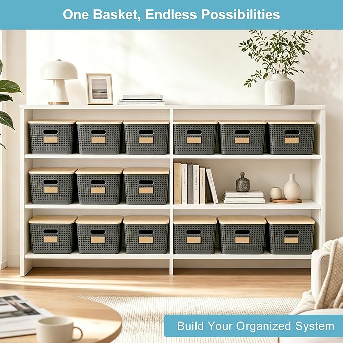 Bagnizer 2 Pack Tall Plastic Storage Bins with Bamboo Lids, 10.8qt Stackable Storages Baskets for Organizing Desktop Closet Playroom Classroom Office, 12"L x 8.3"W x 6.1"H, Gray