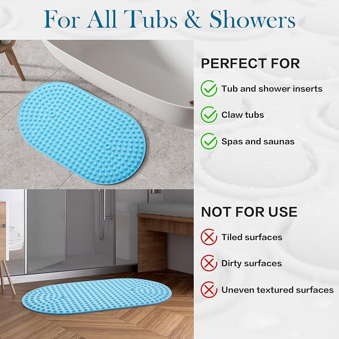 Blue Bath Mat for Tub Non Slip 27x15 - Cushioned Silicone Bubble Pop It Bathtub Mat for Soaking, Anti Skid Shower Mat with Suction Cups, Spa Relaxation, Ocean Color
