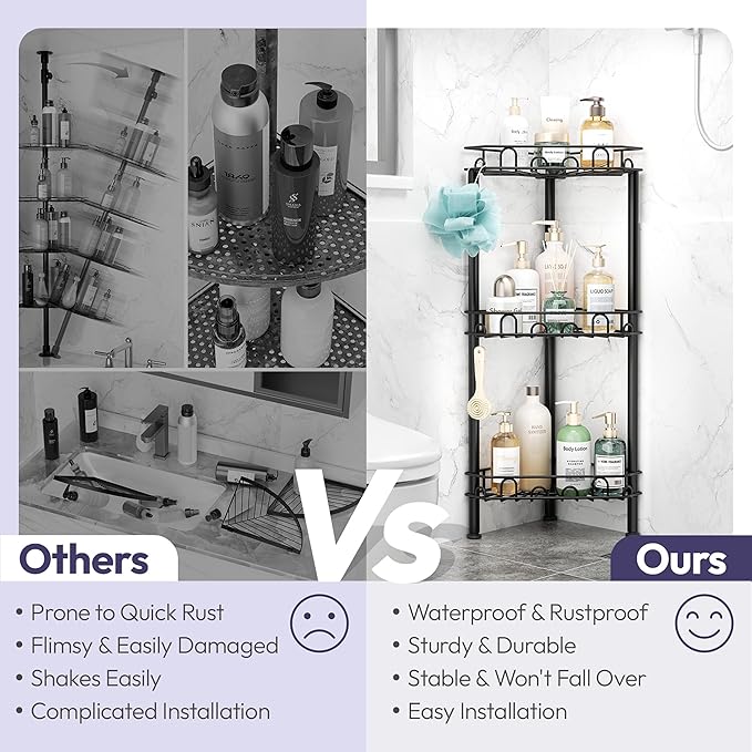 SWTYMIKI Standing Shower Caddy Corner - 3‑Tier Stainless Steel Shower Organizer Shelf with 12 Hooks and Adhesive Pads, Rustproof Corner Shelves Stand Rack for Bathroom Shower Room, Black