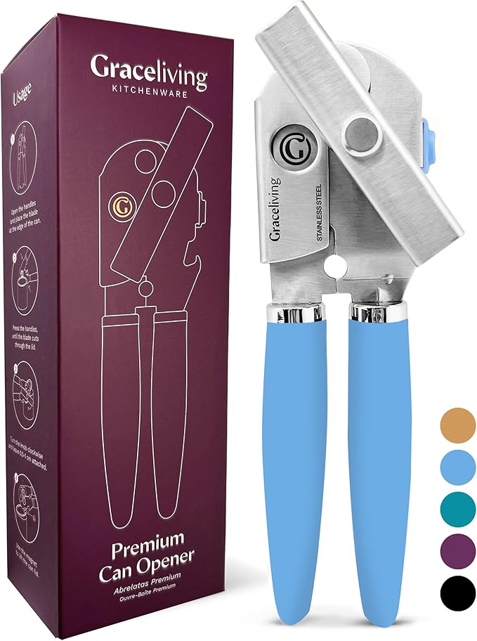 Premium Multifunctional Magnetic Manual Can Opener and Bottle Opener, Heavy Duty Stainless Steel Sharp Cutting Blade and Oversized Easy Turn Knob, Soft-Touch Handle, Kitchen Use, Blue