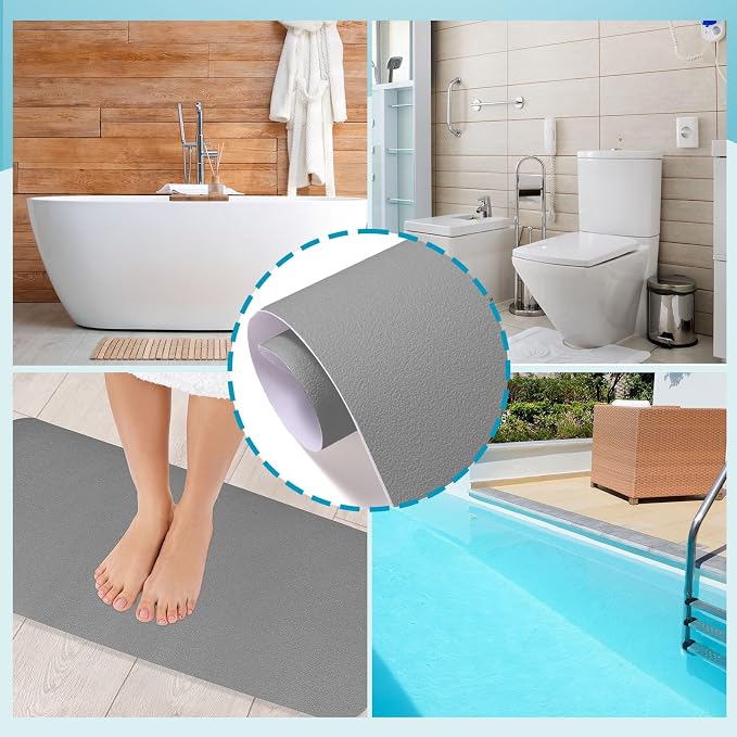 Dunzoom 16" x 40" Non Slip Bathtub Mat with Drain Cut Out Non Skid Safety Bath Mat Adhesive Peel and Stick Bath Tub Mat Arc Angle PEVA Tub Anti Slip Stickers for Shower Floor Wet Areas (Light Gray)