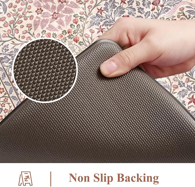 Collive Anti Fatigue Mats for Kitchen Floor, Cushioned Comfort Kitchen Rugs Sets of 2 Waterproof Non Skid Padded Sink Rugs, Pink/Blue Floral Rug Standing Mat for Laundry, Home Office Decor