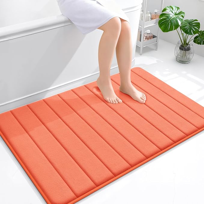 OLANLY Memory Foam Bath Mat 44x32, Super Soft Absorbent Bathroom Rugs, Quick Dry, Machine Washable Shower Floor Rugs, Bathmat Carpet, Bathroom Home Decor Accessories, Coral