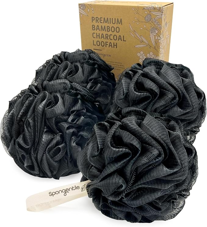 Spongentle Shower Loofah Bath Sponge, Body Scrubber with Soft Mesh, Exfoliating Bath Pouf with Activated Charcoal, Bath Sponge for Women & Men, Bath Accessories for Scrubber Cleaning Tool, 60g 4 Pack
