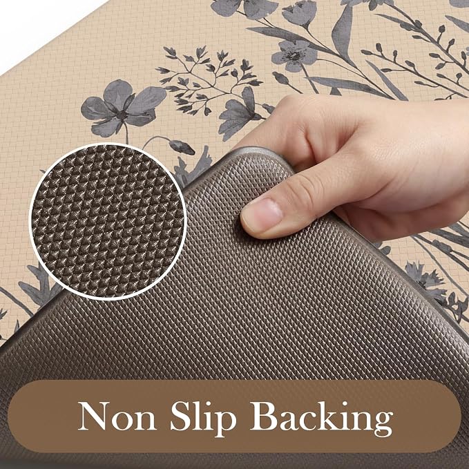 KIMODE Kitchen Anti Fatigue Mats, Farmhouse Kitchen Rugs Sets of 2, Memory Foam Kitchen Mats for Floor, Waterproof Standing Mat for Sink, Laundry, Office, Desk Brown/Gray 17"x59"+17"x29"