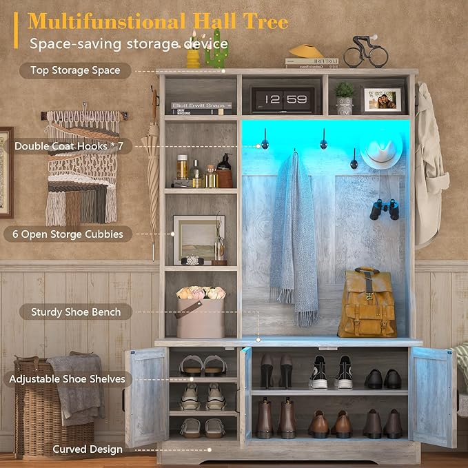CSZZD Hall Tree with Bench and Shoe Storage, Farmhouse Entryway Bench with Coat Racks and Led Lights, Tall Hall Tree with 7 Coat Hooks, 6 Storage Cubbies, Adjustable Shelf, Gray