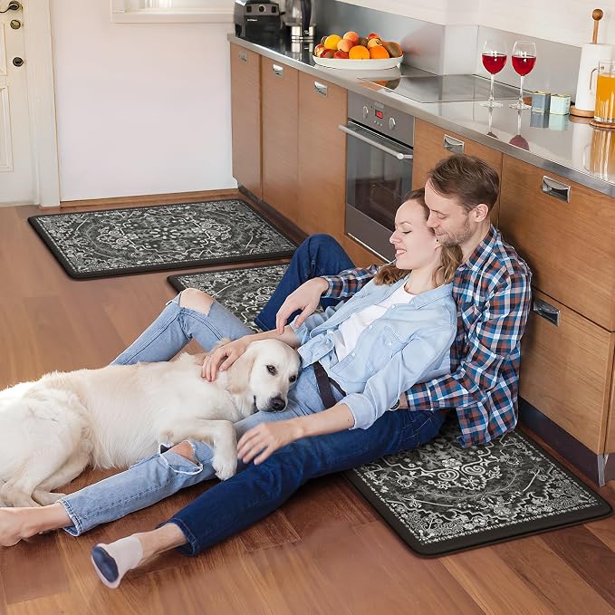 KIMODE Kitchen Mats Cushioned Anti Fatigue, Boho Vintage Kitchen Rugs Sets of 2, Non Slip Kitchen Mats for Floor, Memory Foam Kitchen Floor Mat for Sink Laundry Desk Black Multi 17"x47"+17"x29"