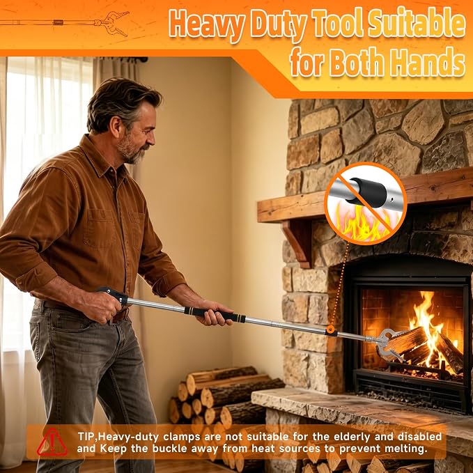 Heavy Duty Reacher Grabber Pickup Tool,53inch Extra Long Fireplace Fits Grabber Reacher Tool Aluminum Alloy Trash Picker Wide Jaws Hollow Wood Grabber Tool Log BBQ Tongs Study Durable Handle