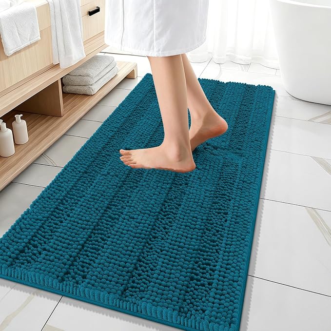 OLANLY Thick Bathroom Runner Rugs 47x20, Extra Absorbent Chenille Striped Bath Rugs, Rubber Backing, Machine Wash Dry, Long Bath Mats for Bathroom, Tub and Shower, Home Decor Accessories, Peacock Blue