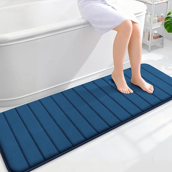 OLANLY Memory Foam Long Bathroom Rugs Runner 59x20, Super Soft Absorbent Bath Mat, Quick Dry, Machine Washable Shower Floor Rugs, Bathmat Carpet, Bathroom Home Decor Accessories, Navy Blue