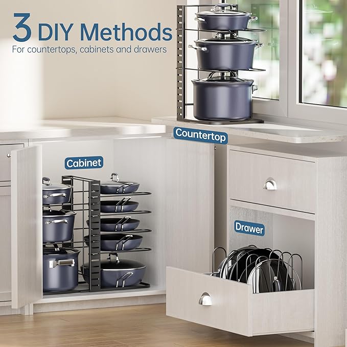 ORDORA Pots and Pans Organizer Under Cabinet 14.55" Height, Adjustable 8-Tier Pot Organizers inside Cabinet, Kitchen Organizers and Storage Fit 6-11 inch Lightweight Cookware