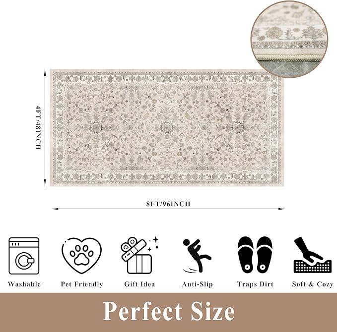 4x8 Rug Washable for Entryway Kitchen – Non-Slip Rubber Backed Area Rug for Hallway Bedroom Living Room Office,Boho Floral Low Pile Thin Floor Indoor Mat (Beige,4x8)