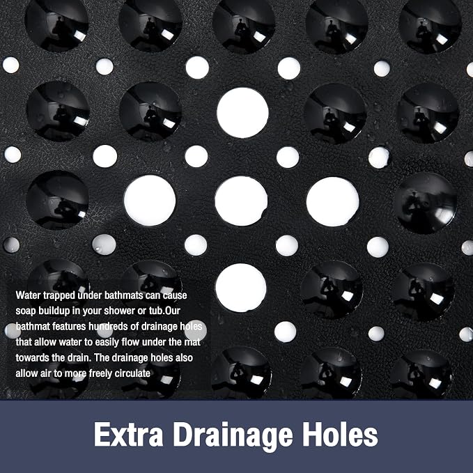 Black Square Shower Bathtub Mat Non Slip 21x21 Inch, Soft Bath Mat for Inside Shower Tub, Shower Stall Mats for Bathroom Floor, Big Suction Cups Drain Holes, Easy Washable and Dry, BPA-Free