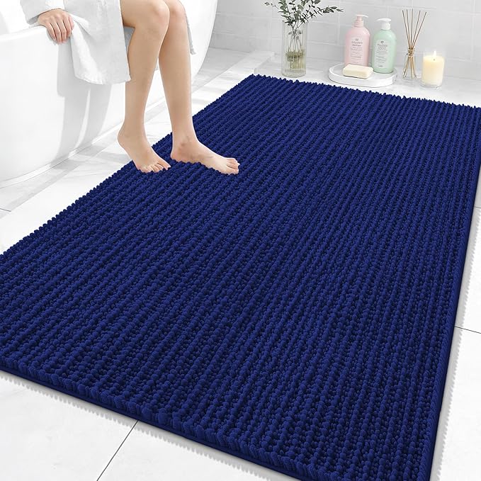 OLANLY Bathroom Rug Mat 59x35, Thick Soft and Absorbent Chenille Bath Mat, Non-Slip Rubber Backing, Machine Washable Quick Dry Bath Rugs for Tub Shower Floor, Home Decor Accessories, Navy Blue