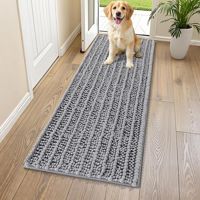 Smiry Dog Door Mat for Muddy Paws 59x20, Absorbent Dirt Trapper, Non-Slip Washable Chenille Entryway Rug for Inside Floor, Grey, Layered Pattern